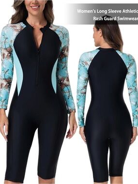 Long Sleeve Black & Aqua Floral Rash Guard Swim Suit size XXL